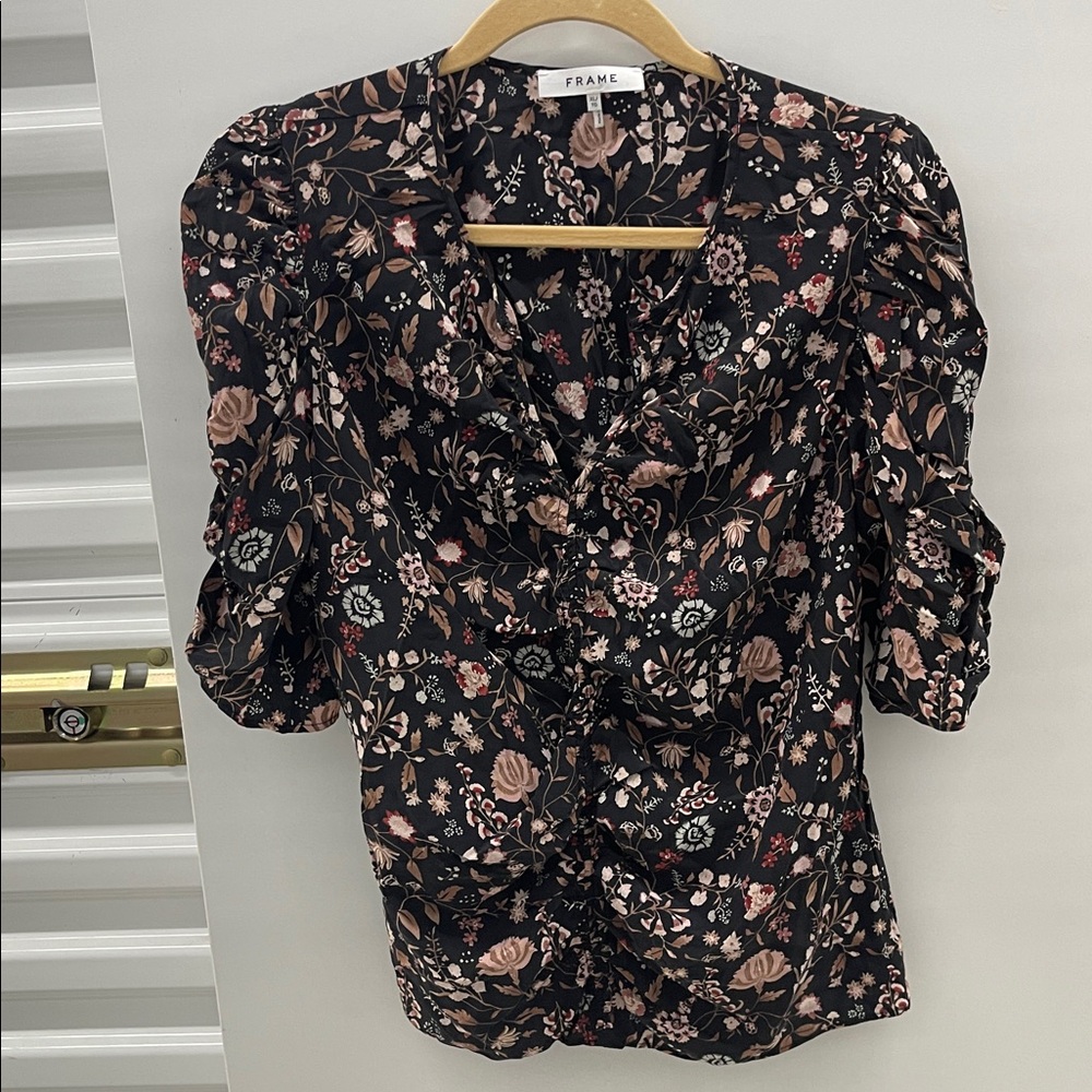 FRAME Kate Ruched Floral Black Women's Silk Top Size XL